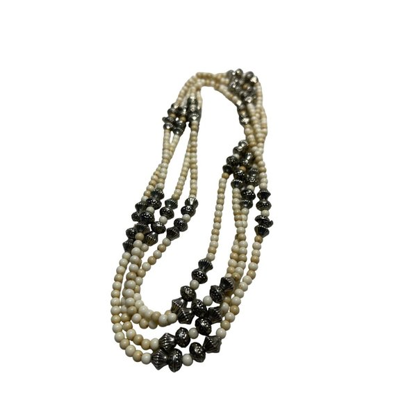 Long Boho Western Style Beaded Necklace Cream and Silver 30 inch - Picture 4 of 4